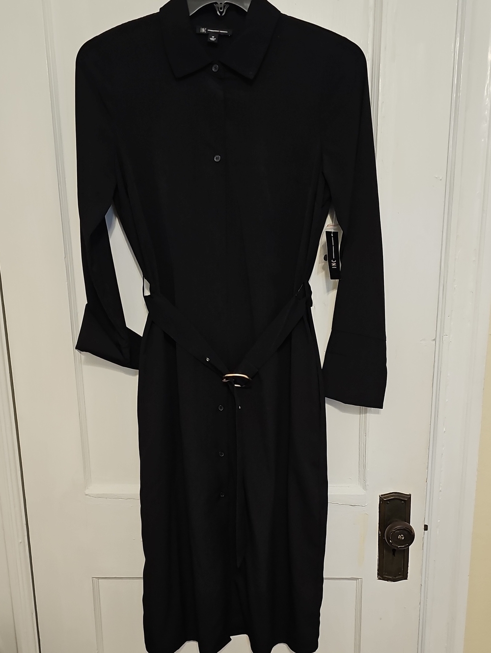 INC International Concepts Black Long-Sleeve Shirt Dress with Tie Belt